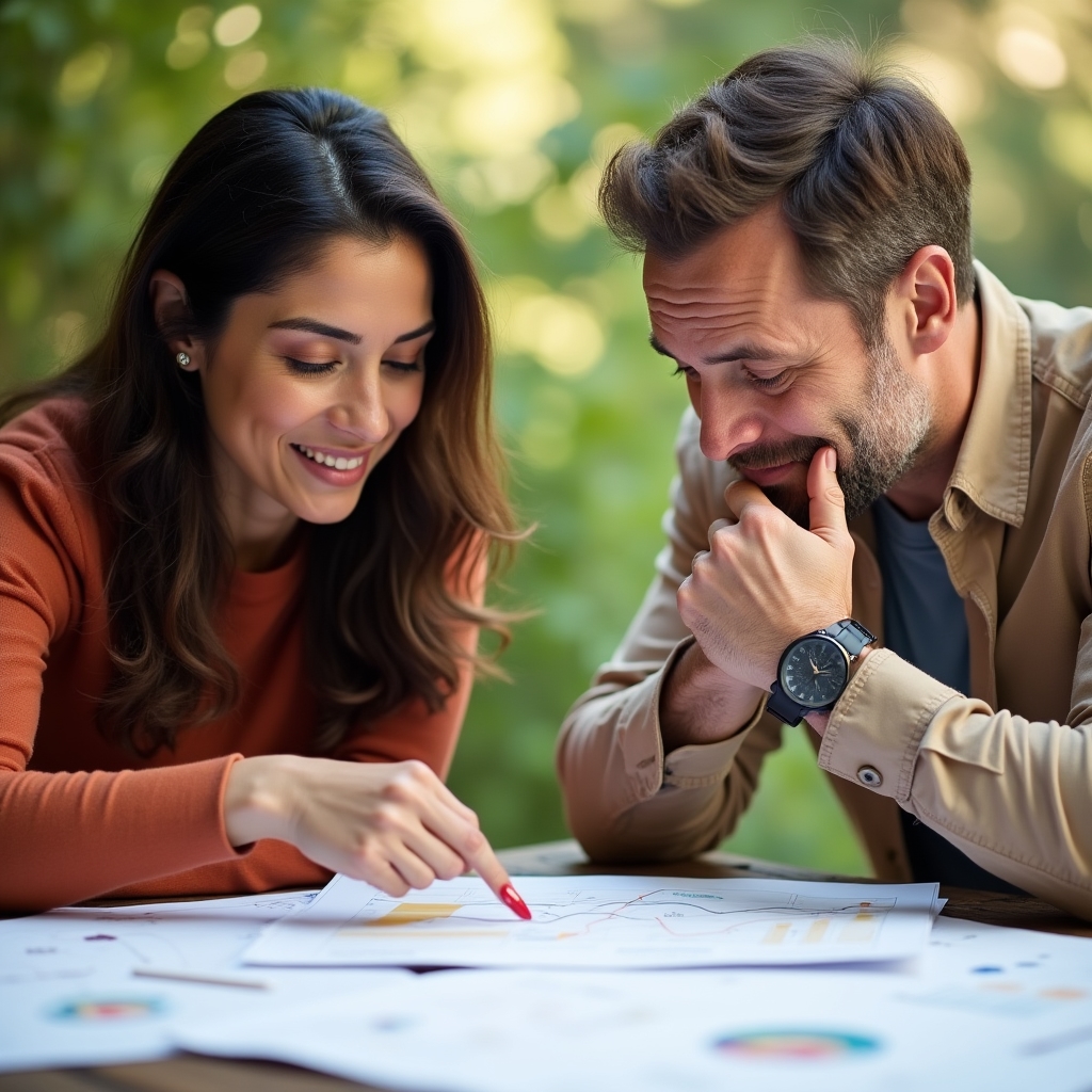 Trainerin und Teilnehmer besprechen eine Fallstudie anhand gedruckter Berichte