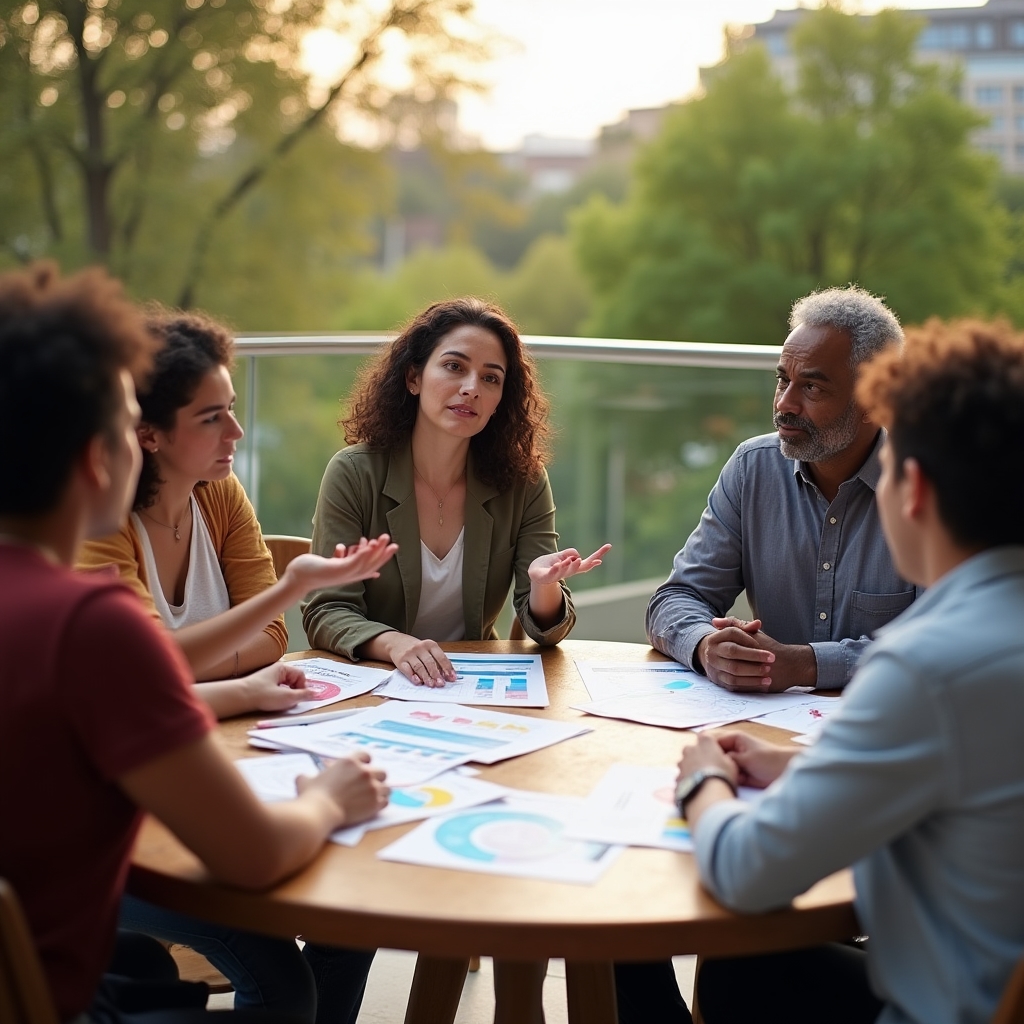 Kleine Gruppe diskutiert Berichte während eines Workshops im Freien